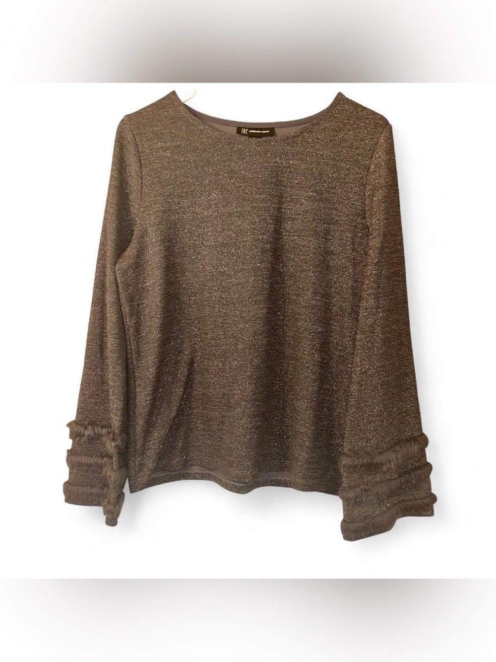 INC International Concepts Metallic  Crewneck with Faux Fur Cuff Detail